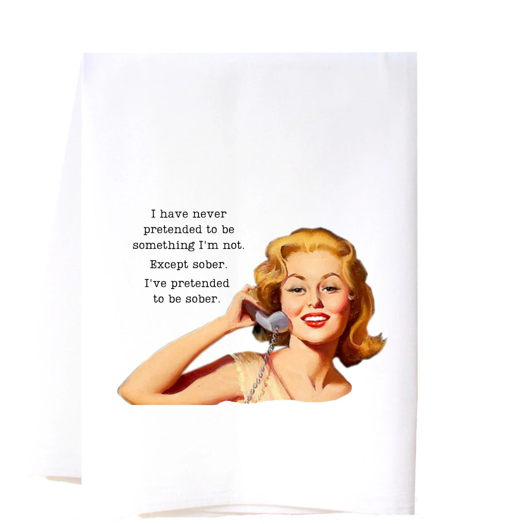 White flour sack towels with vintage phone graphic and humorous quote; available in multiple sizes.