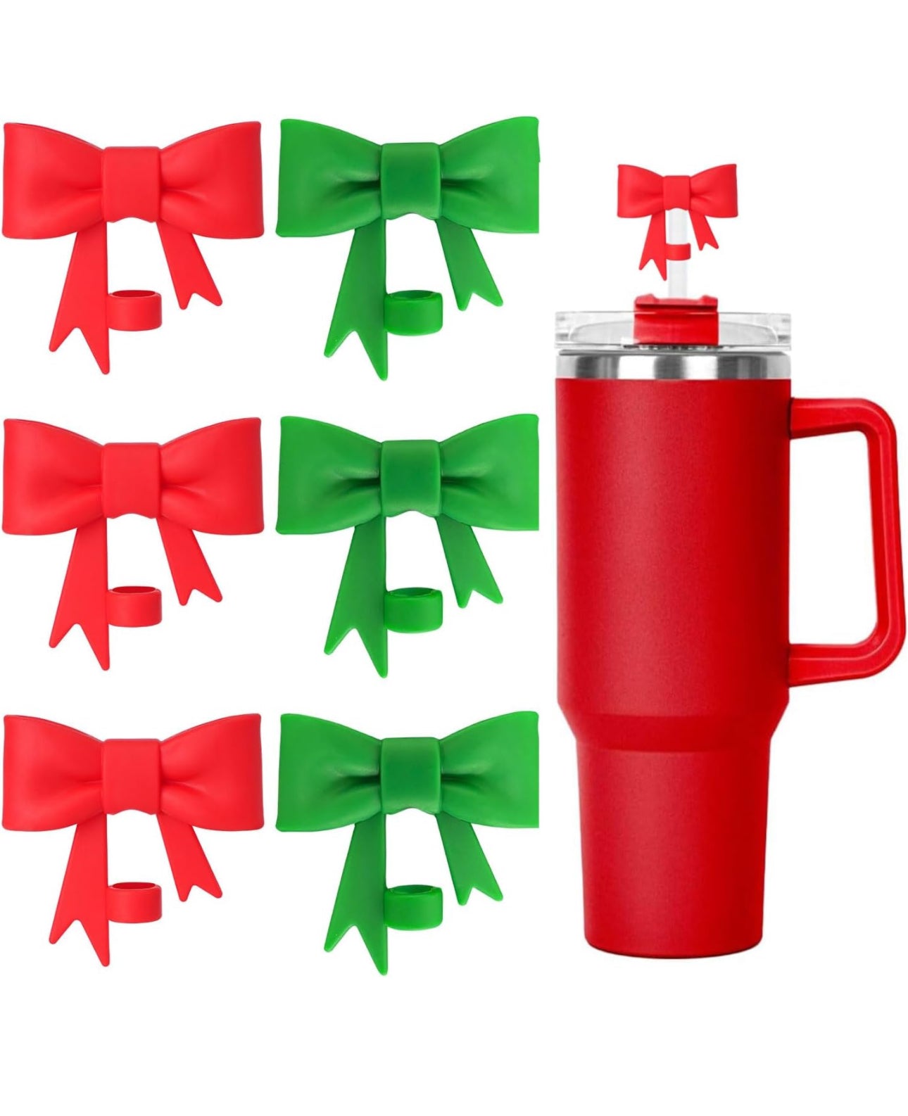 Large Bow Straw Covers set: 4 red, 4 green, assorted sizes with ribbon tails; includes silicone straw topper.