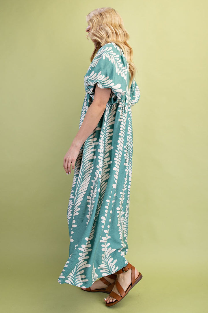 Printed Short Puff Sleeve Midi Dress, teal with white leaf pattern, available in sizes XS-XL.
