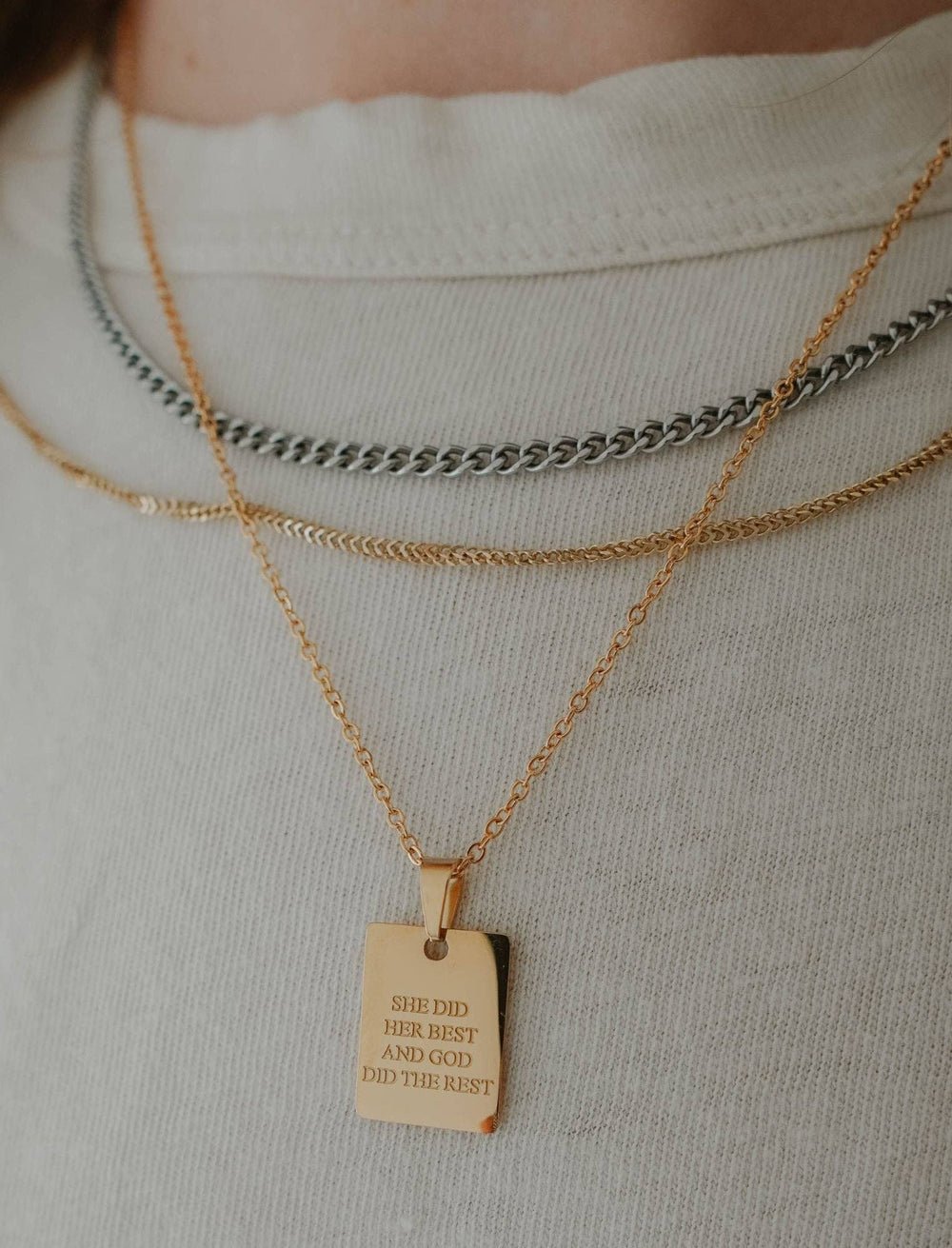 Gold "She Did Her Best" pendant necklace, engraved with "SHE DID HER BEST AND GOD DID THE REST." Available in S/M/L.