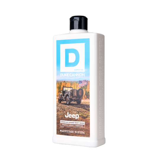 Jeep® American Legend Body Wash, Virginia Cedar + Amber, white bottle with blue label; available in multiple sizes.