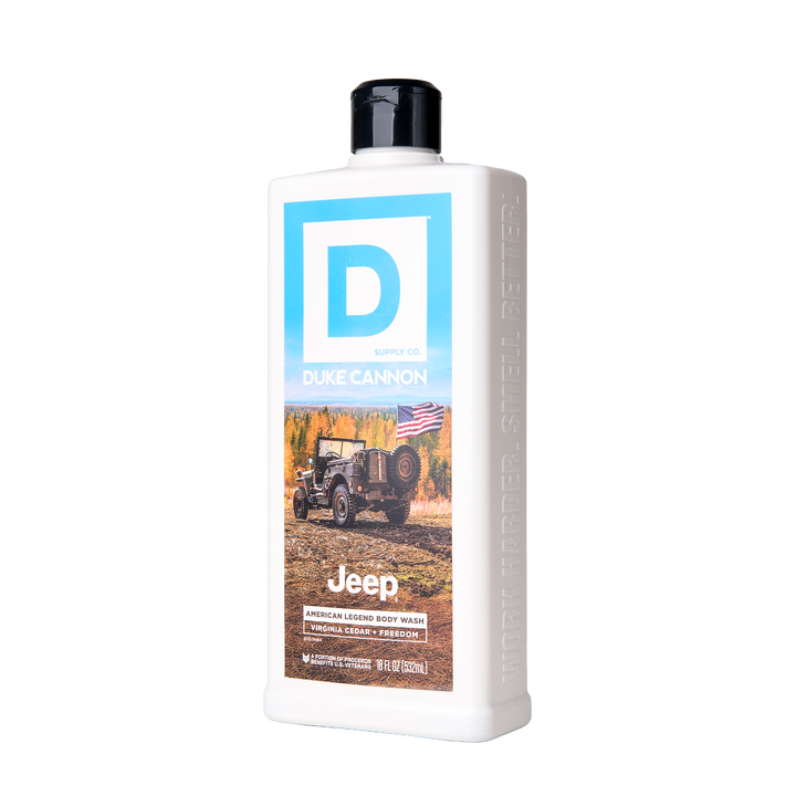 Jeep® American Legend Body Wash, Virginia Cedar + Amber, white bottle with blue label; available in multiple sizes.