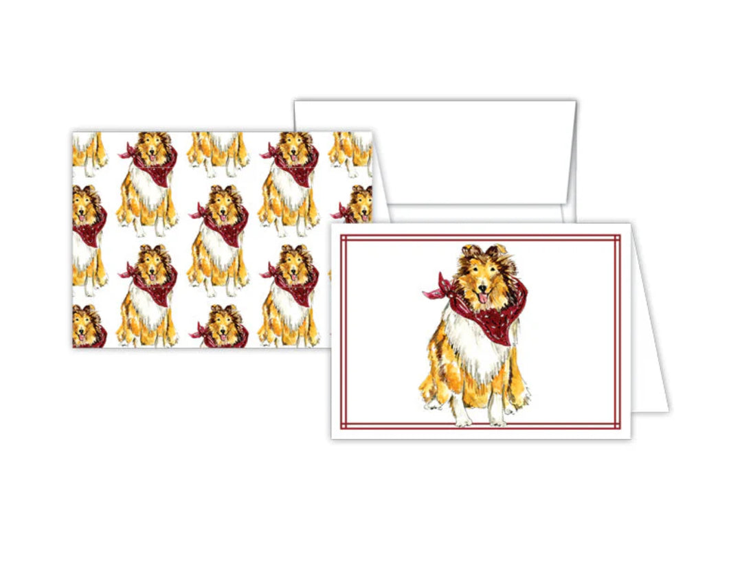 The Petite Notes Handpainted set includes two greeting cards featuring illustrations of a dog with a red bandana. One card displays a repeating pattern of the dog, and the other shows a larger drawing framed with a red line. Perfect for snail mail. Size: 4" x 6".
