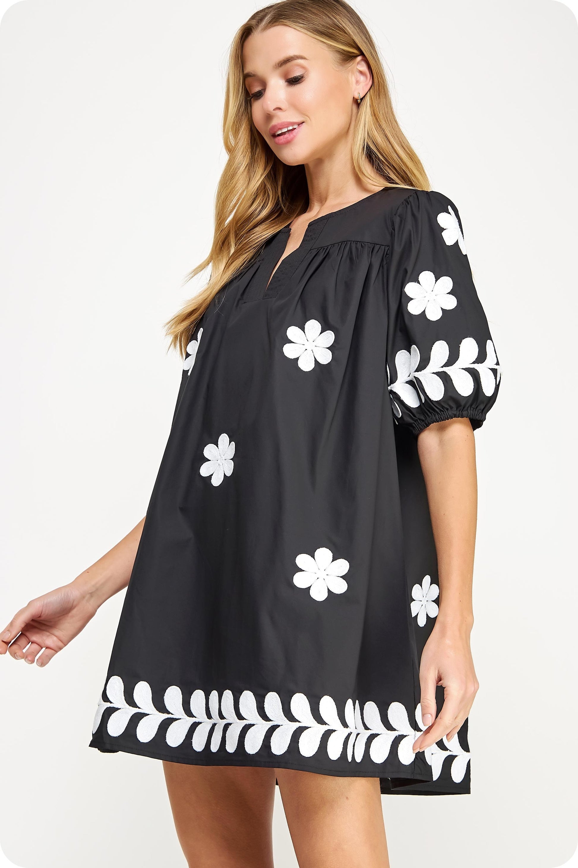 Ebony Blossom Embroidery Cotton Dress: black, white floral embroidery, babydoll fit, puff sleeves, round notched neck. Sizes XS-XL.