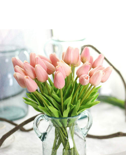 PU tulips with green leaves, available in 10, 20, and 30-stem bundles.