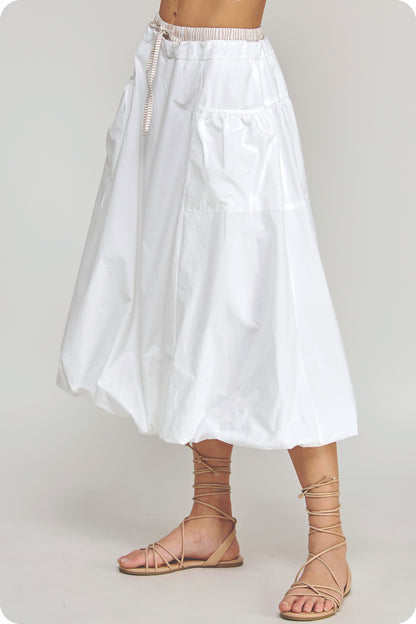 Stripe Contrast Midi Bubble Skirt in white cotton poplin, elastic waistband, tie detail; available in sizes XS-XL.
