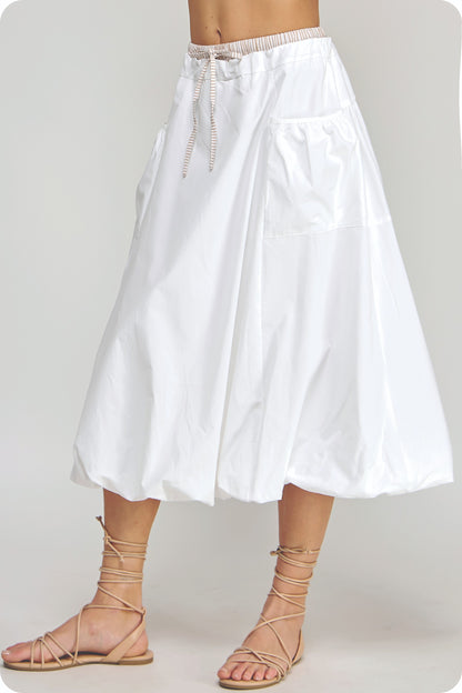 Stripe Contrast Midi Bubble Skirt: white, calf-length cotton poplin, elastic waistband, front pockets. Sizes: XS-XL.