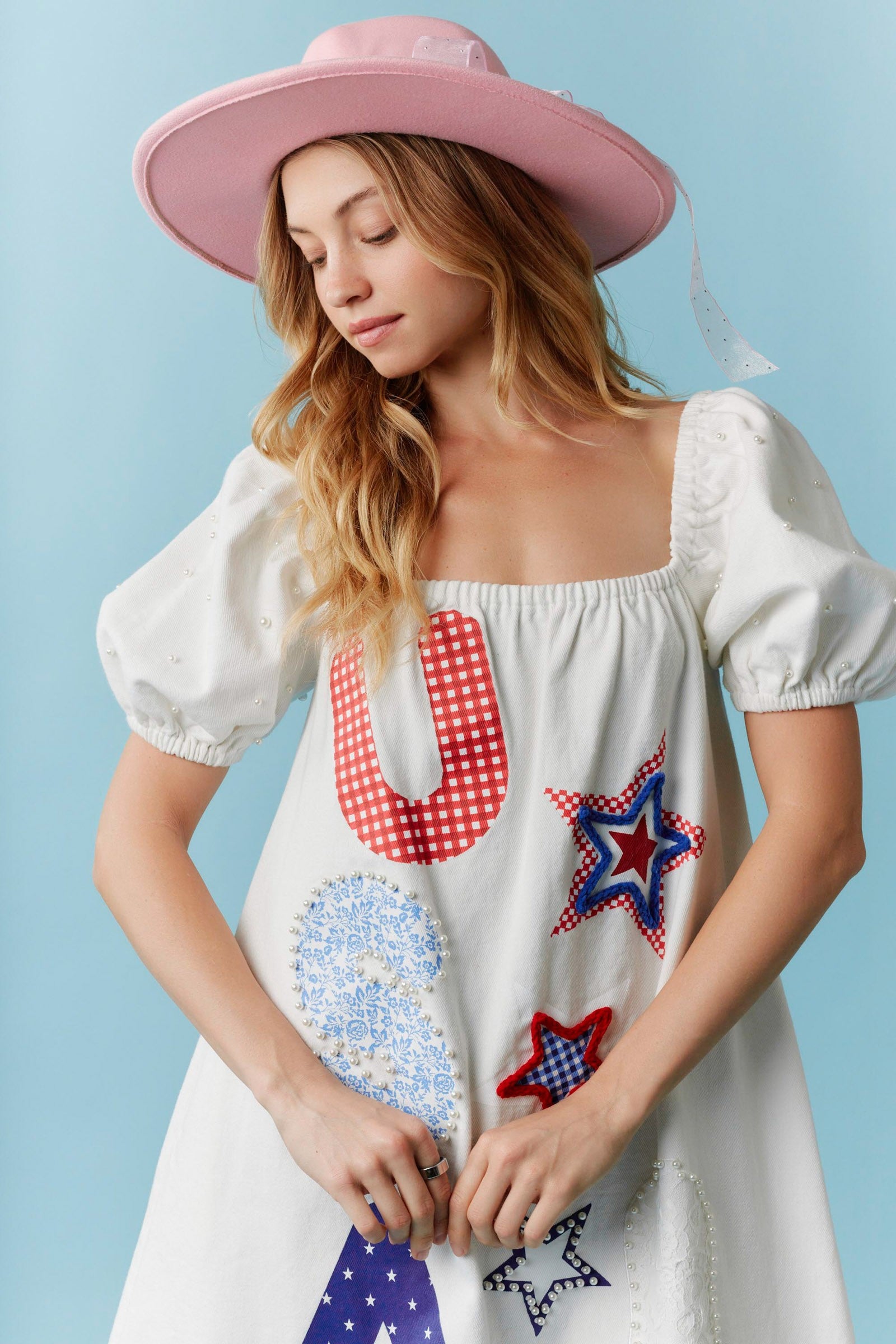 Star-Spangled Sweetheart Denim Dress with Pearl Details. Available sizes: XS, S, M, L, XL.