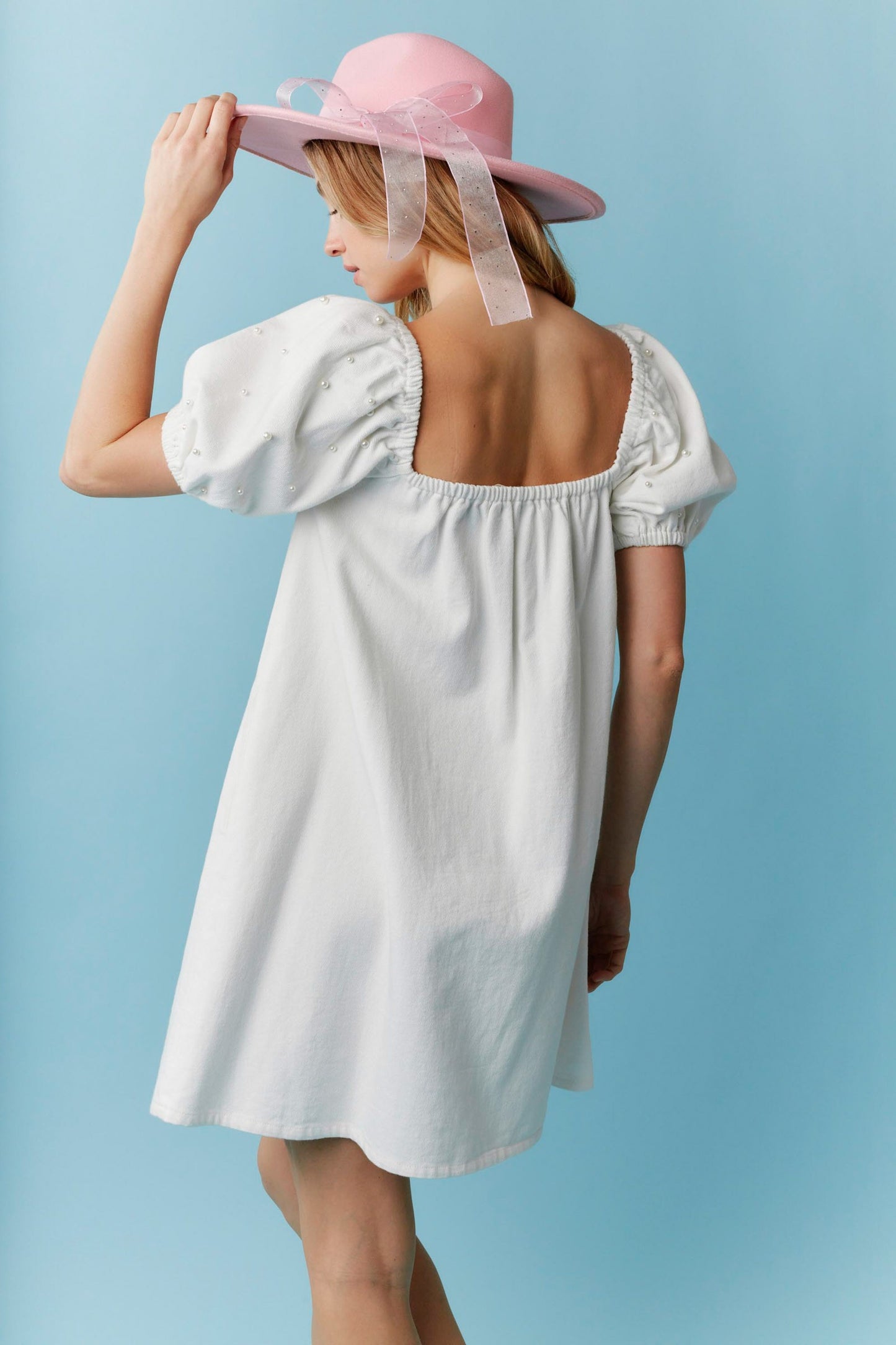Star-Spangled Sweetheart Denim Dress with pearl details. Available in sizes XS-XL.