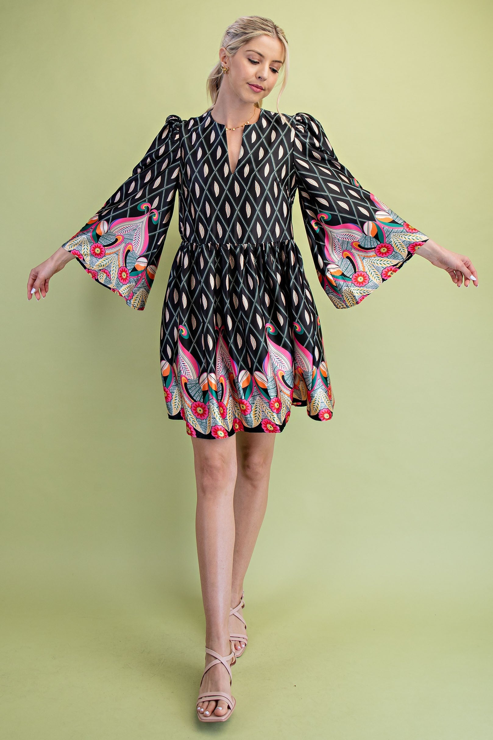 Nora Notch Neck Mini Dress in black, features bell sleeves and colorful hem designs. Available in sizes XS–XL.