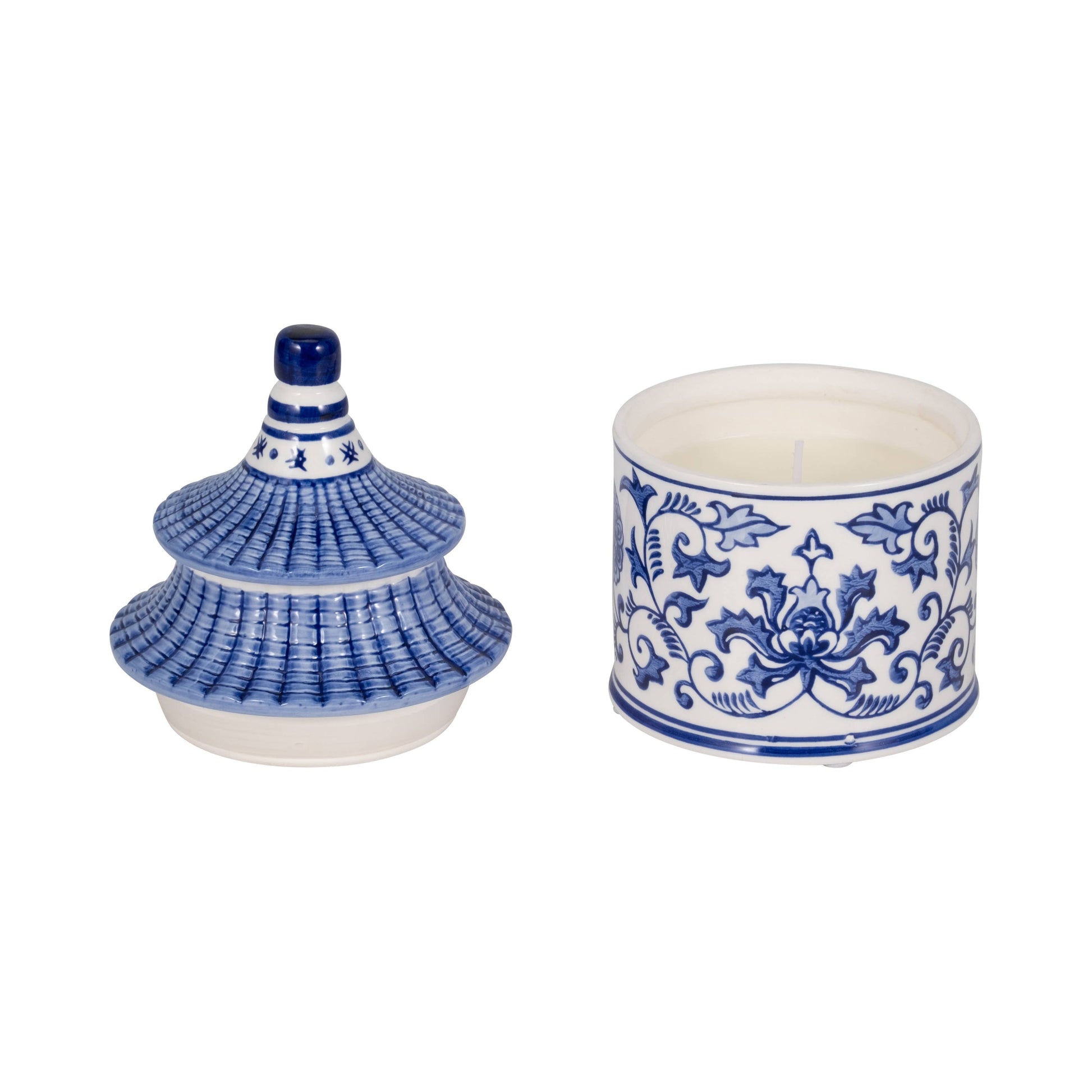 Blue and white floral ceramic jar with pagoda lid, plumeria scented candle, 9 oz size, reusable container.