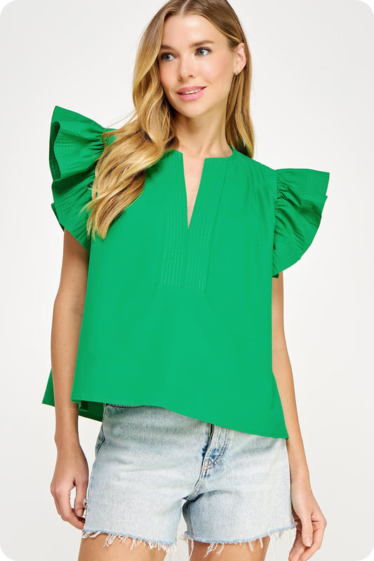 Bright green Flutter Sleeve Tunic Style Top in cotton poplin with ruffle short sleeves. Available in sizes XS-XL.