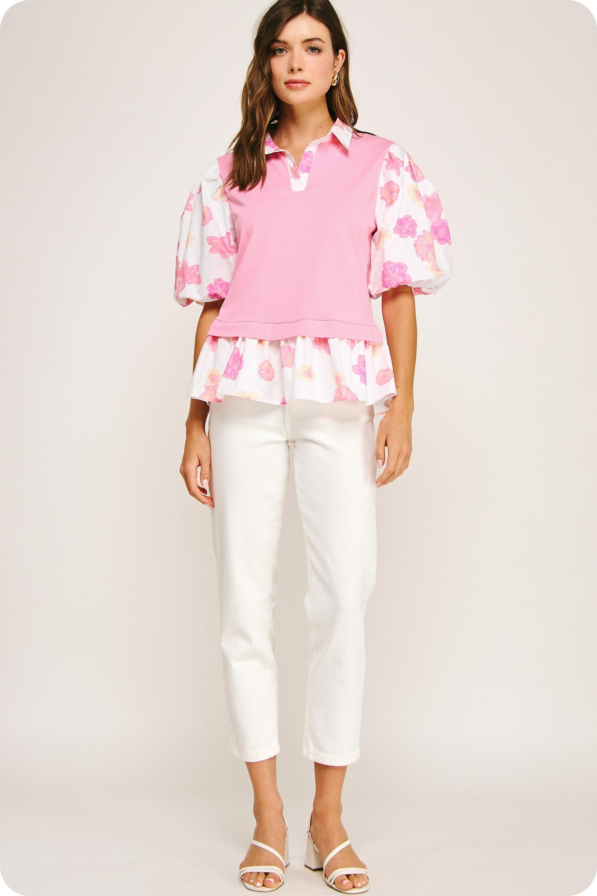 Floral Print Sleeve Knit Top with decorative sleeves. Available in sizes XS-XL.