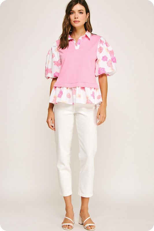 Floral Print Sleeve Knit Top with decorative sleeves. Available in sizes XS-XL.