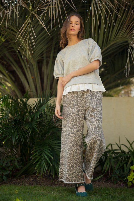 Wild Side Leopard Print Pants with drawstring waist and wide legs. Available in sizes S-XL.