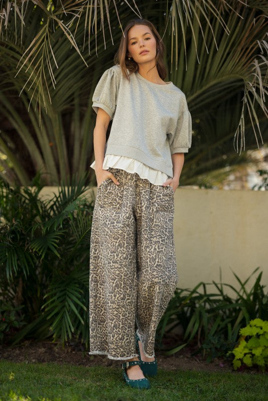 Wild Side Leopard Print Pants with drawstring waistband, available in sizes XS-XL.