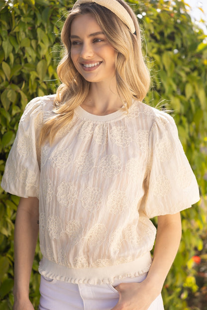 Tilly Elastic Knit Hem Embroidered Top with elastic hem and embroidery details. Available in sizes XS-XL.