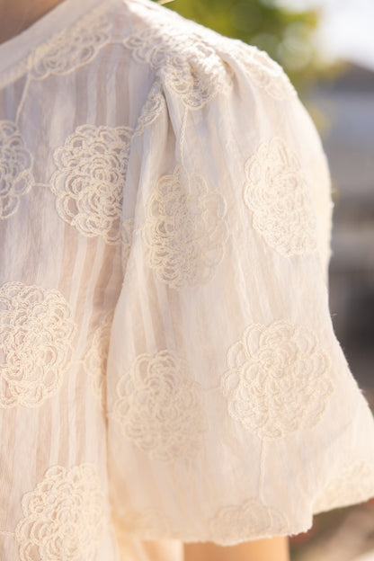 Tilly Elastic Knit Hem Embroidered Top: sheer, striped, puffed sleeves, floral embroidery. Sizes: XS–XL.