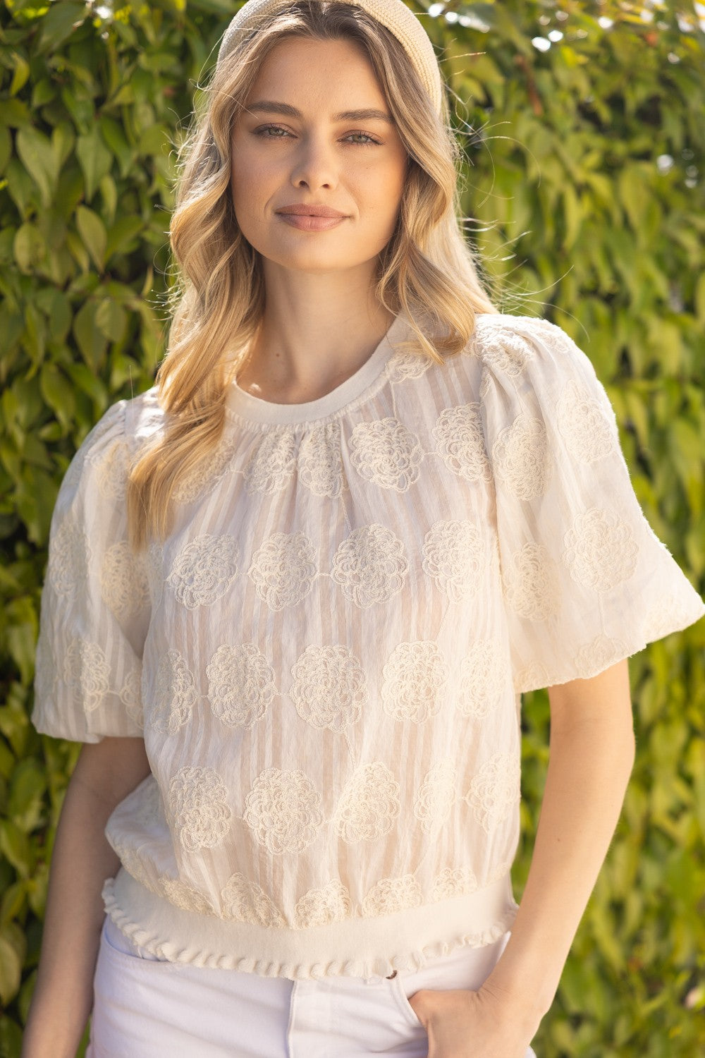 Tilly Elastic Knit Hem Embroidered Top, short sleeves; available in sizes XS-XL.