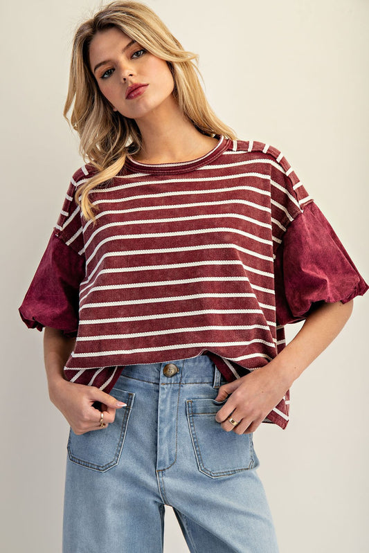 Wine Textured Stripe Puff Sleeve Top