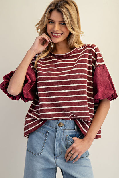Wine Textured Stripe Puff Sleeve Top