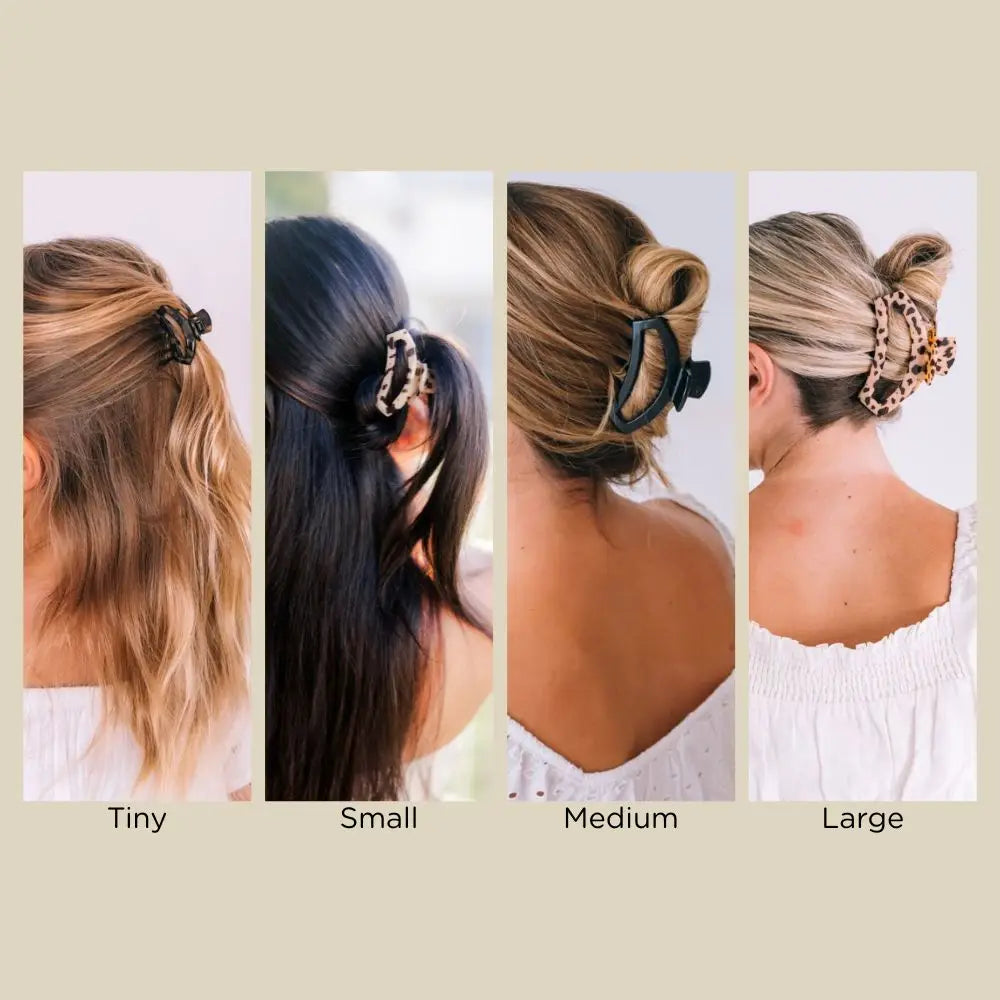 TELETIES Open Claw Hair Clips in tiny, small, medium, and large sizes shown in use.
