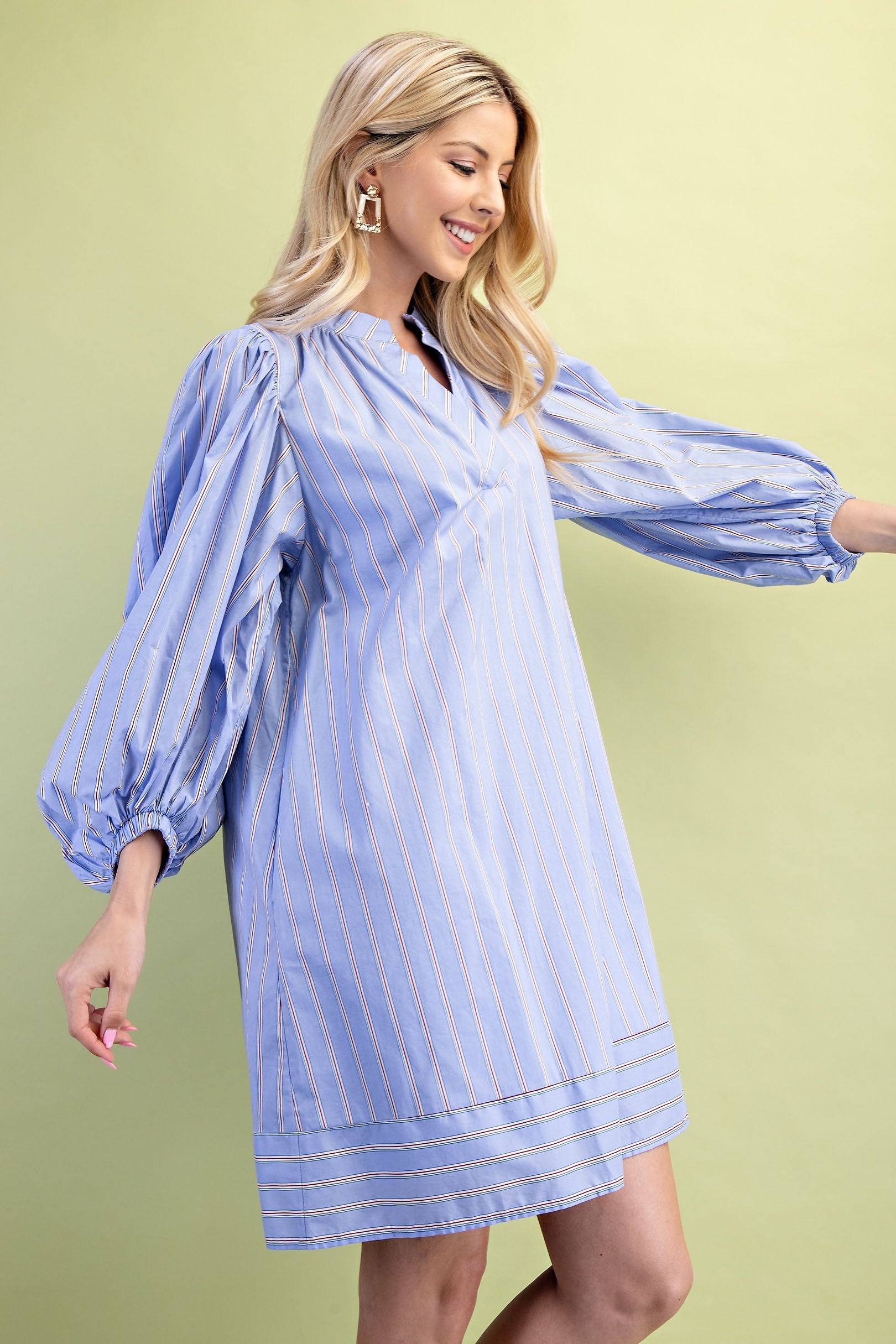 Leah Mixed Stripe Print Mini Dress featuring balloon sleeves and a Mandarin collar. Available in sizes XS-XL.