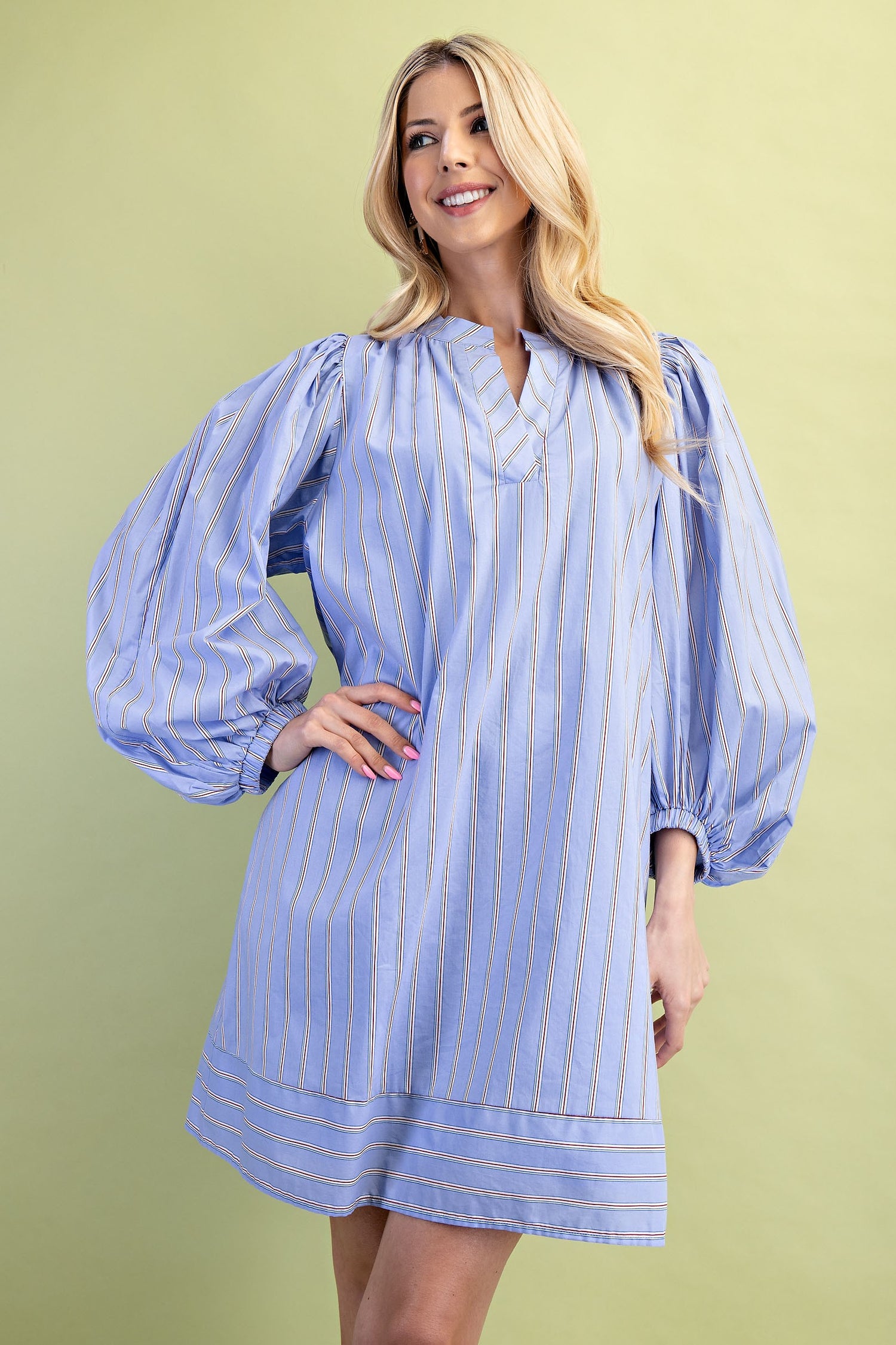 Leah Mixed Stripe Print Mini Dress with Mandarin collar and balloon sleeves. Available in sizes XS, S, M, L, XL.