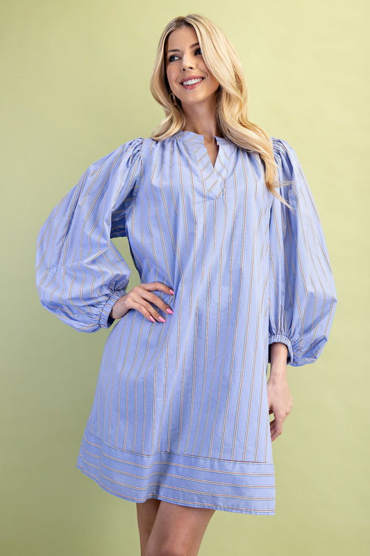 Leah Mixed Stripe Print Mini Dress with Mandarin collar and balloon sleeves. Available in sizes XS, S, M, L, XL.