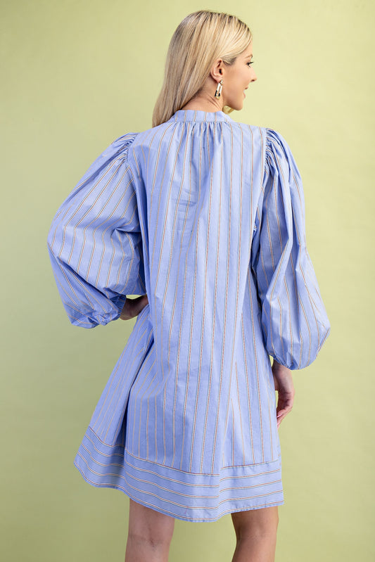 Leah Mixed Stripe Print Mini Dress features blue and tan vertical stripes, balloon sleeves, and a mini length. Available in sizes XS–XL.