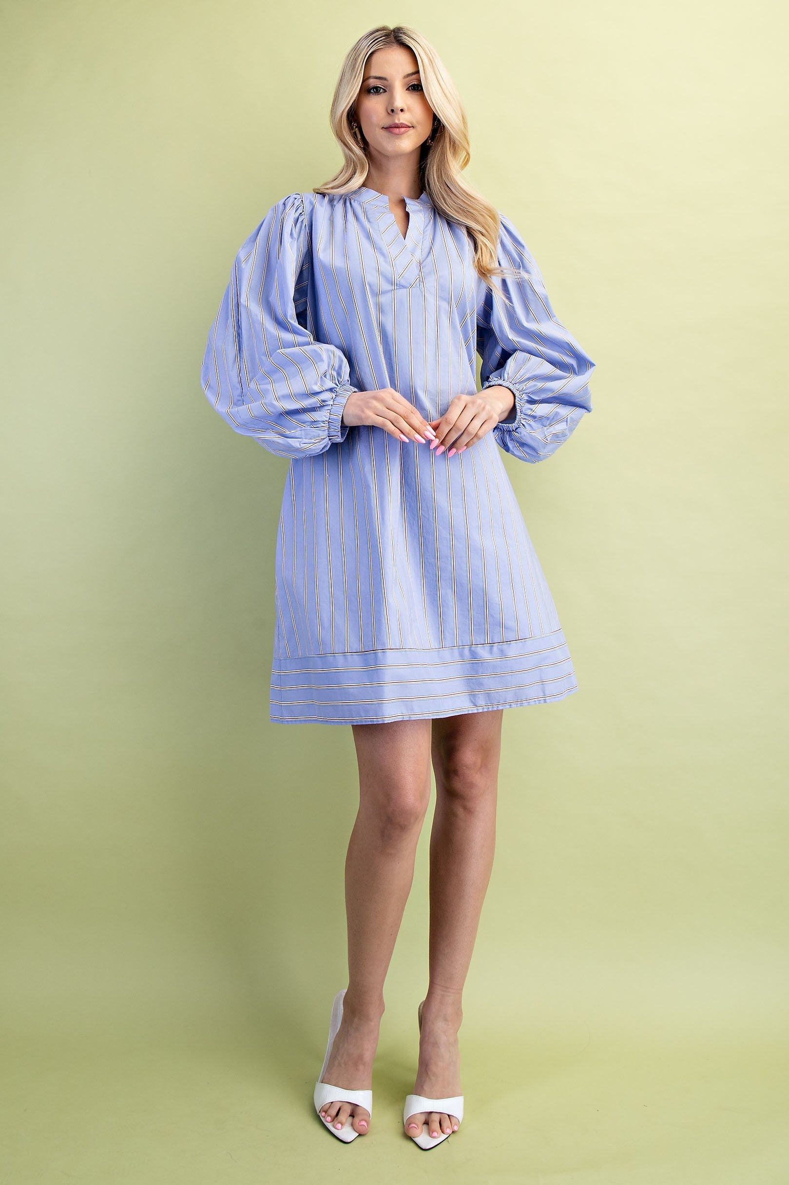 Leah Mixed Stripe Print Mini Dress features voluminous balloon sleeves and a mini length. Available in sizes XS–XL.