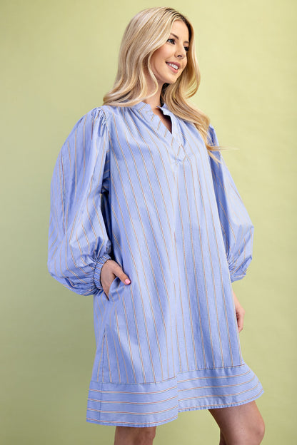 Leah Mixed Stripe Print Mini Dress features blue and white stripes, balloon sleeves, and a v-neckline. Available in sizes XS–XL.