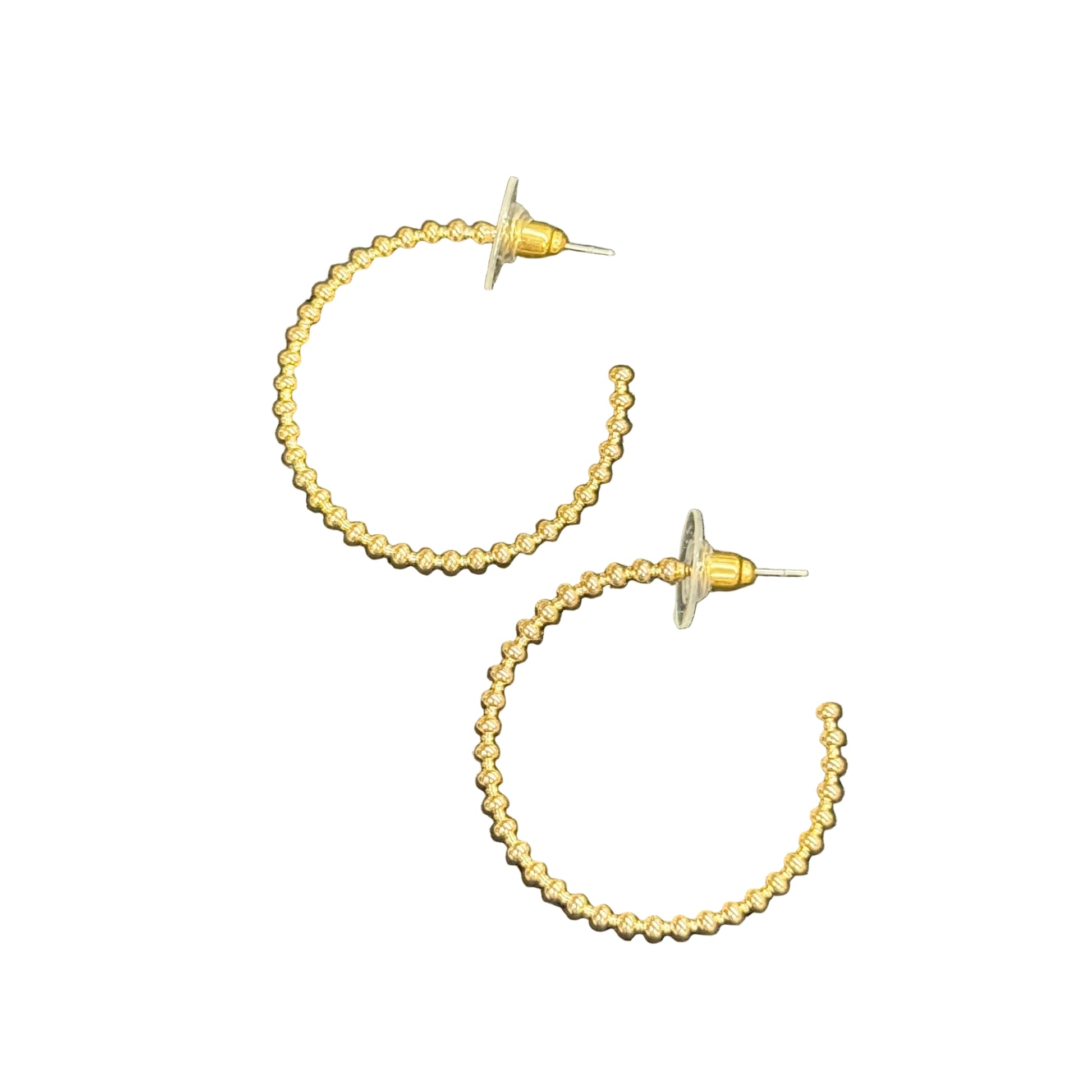 The Ruth Beaded Hoop Earrings feature gold beads and clear backings; available in small, medium, and large sizes.