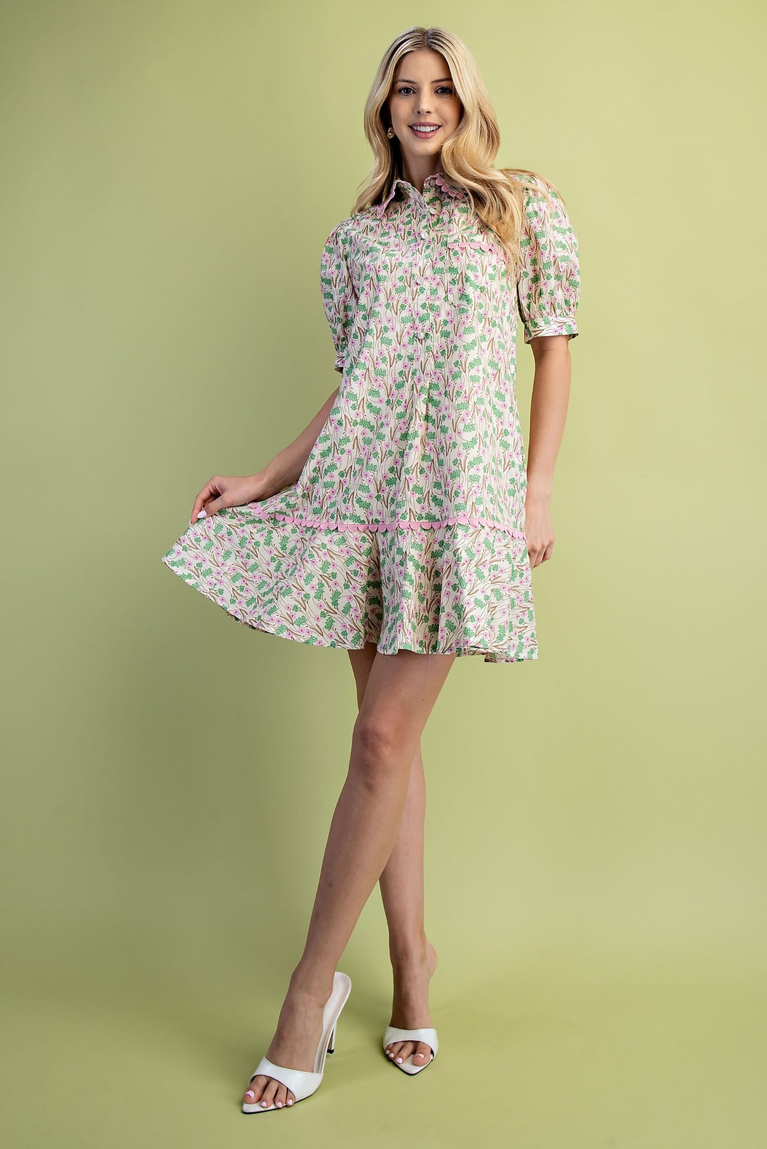 Mia Floral Print Mini Dress—100% cotton, lightweight, features a floral print. Available in sizes XS–XL.