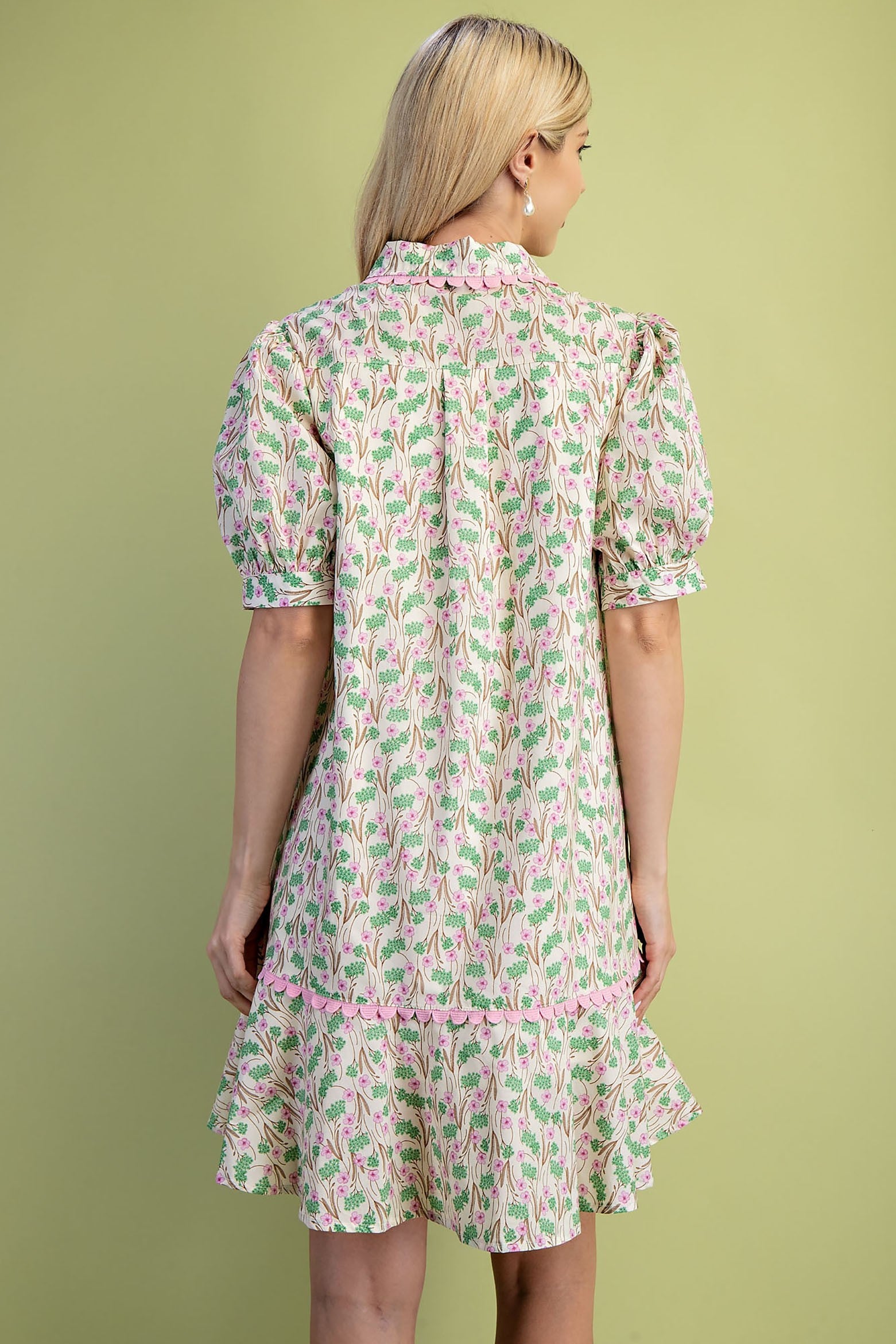 Mia Floral Print Mini Dress with puff sleeves and ruffled hem. Sizes: XS, S, M, L, XL.