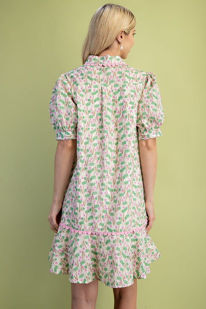 Mia Floral Print Mini Dress with puff sleeves and ruffled hem. Sizes: XS, S, M, L, XL.