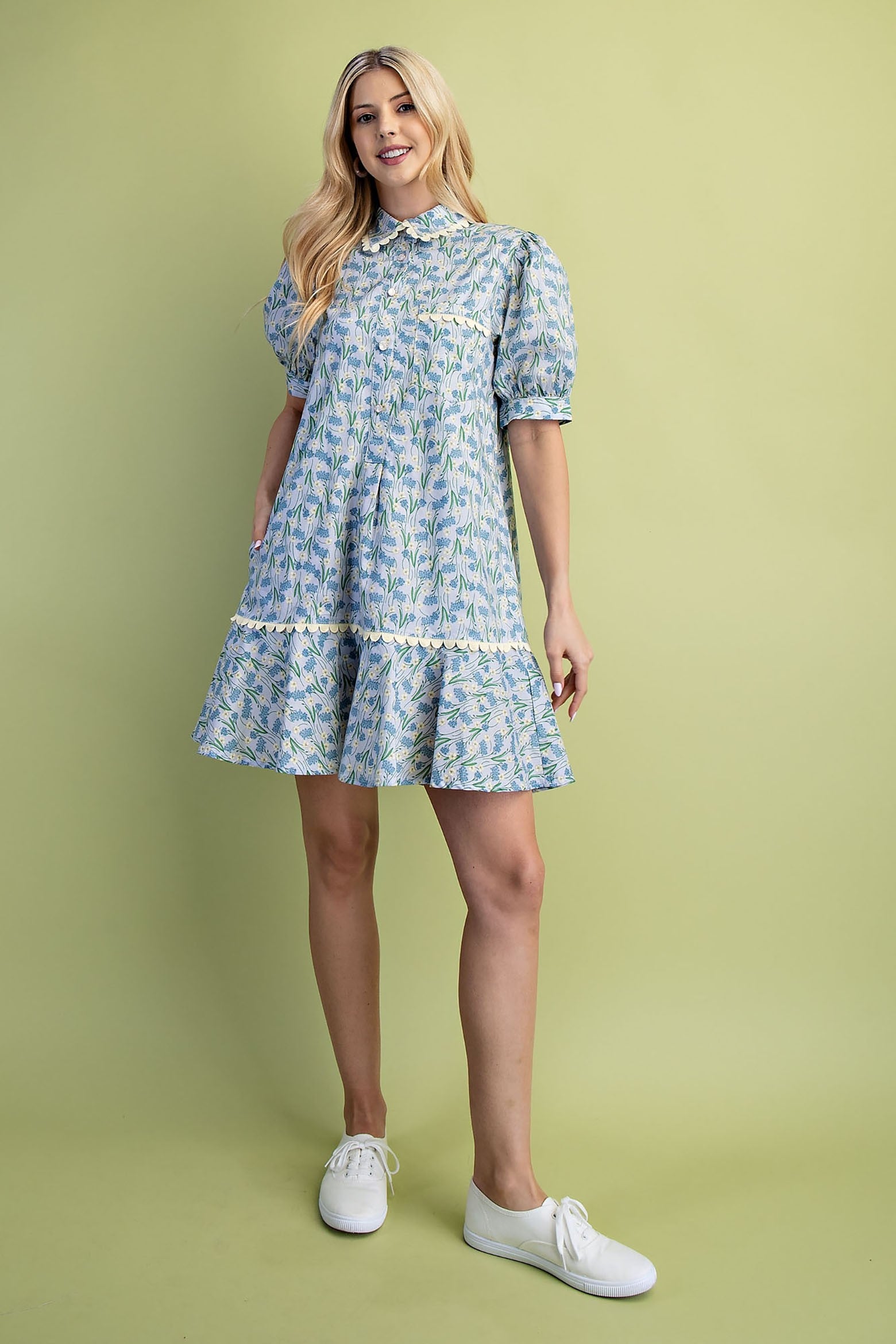 Mia Floral Print Mini Dress: 100% cotton, puff sleeves, flared hem. Available in sizes XS–XL.