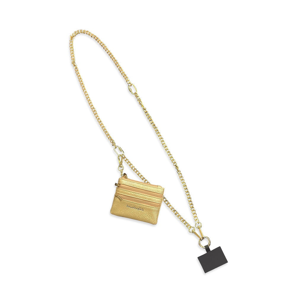 Save the Girls Clip and Go Zippered Pouch with gold chain lanyard, secure pouch, black card holder; sizes: S, M, L.