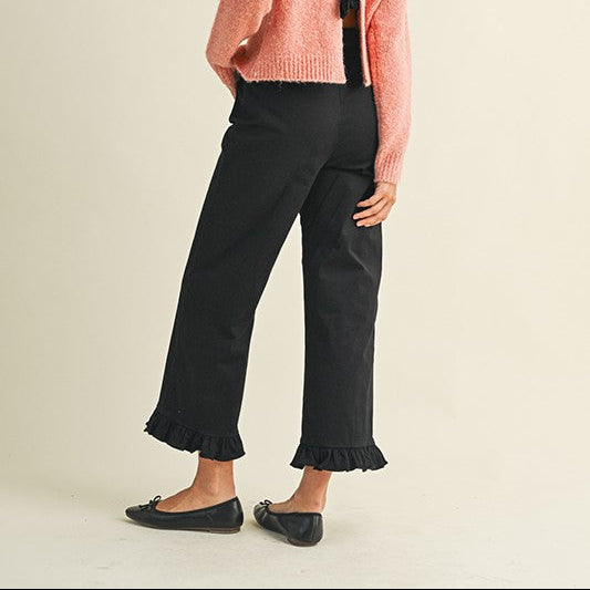 Black Ruffle Hem Cropped Pants with a flared hem detail. Available in sizes XS–XL.