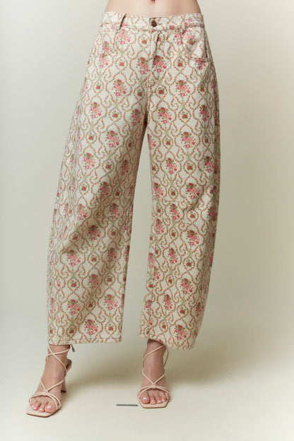 Jacquard Floral Printed Barrel Jeans in pink and gold floral pattern. Available in sizes 24-32.