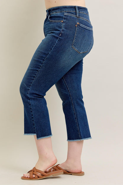 Judy Blue HW Dark Wash Kick Flare Jeans with raw hems. Sizes available: 0–20W.