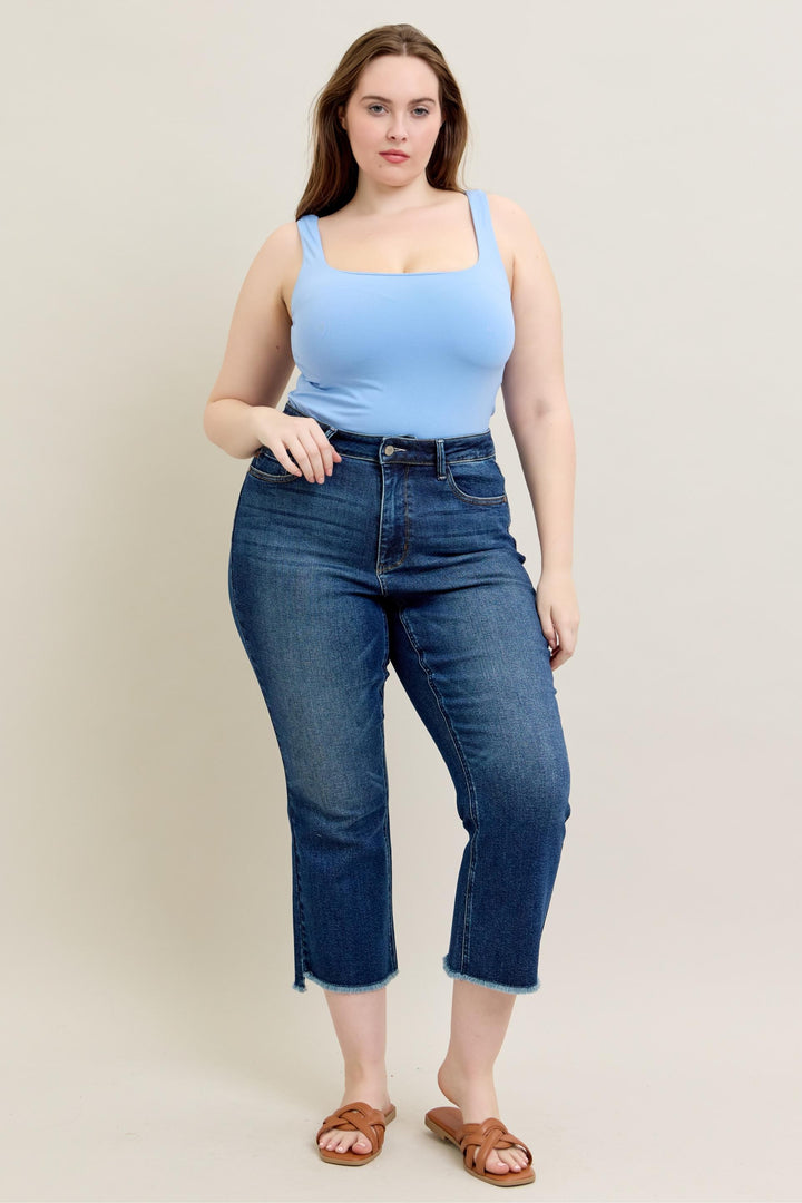 Judy Blue HW Dark Wash Kick Flare Jeans. Dark wash, kick flare silhouette, high-waisted fit. Available in sizes 0-24W.