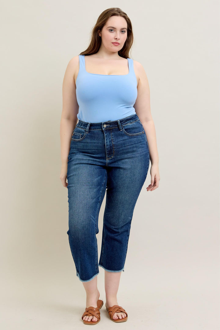 Judy Blue HW Dark Wash Kick Flare Jeans feature a high waist and kick flare design in dark wash denim. Available in sizes 0-24.