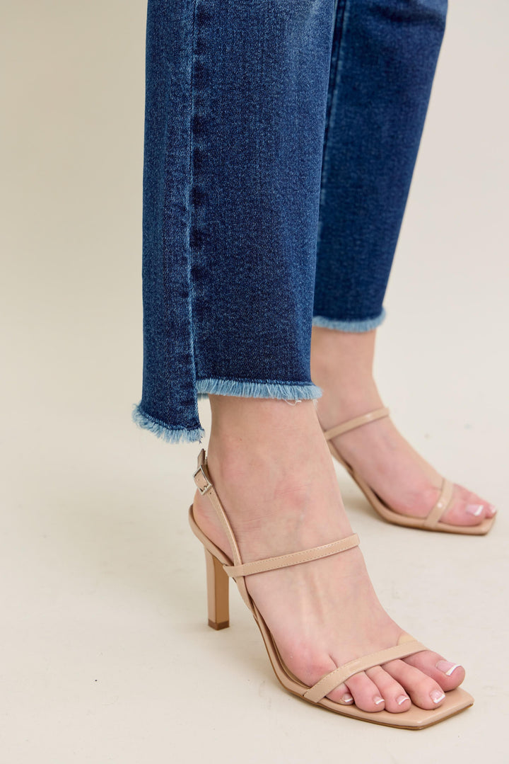 Judy Blue HW Dark Wash Kick Flare Jeans with frayed hem. Sizes available: 0-20W.
