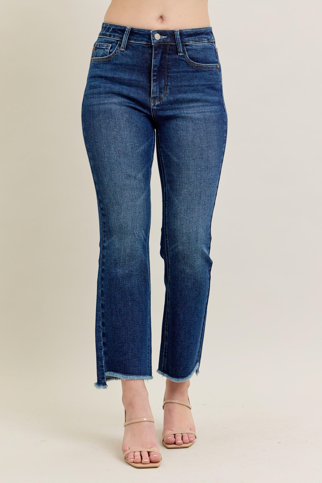 Judy Blue High Waist Dark Wash Kick Flare Jeans with tummy control, raw hem. Available in sizes 0-24W.