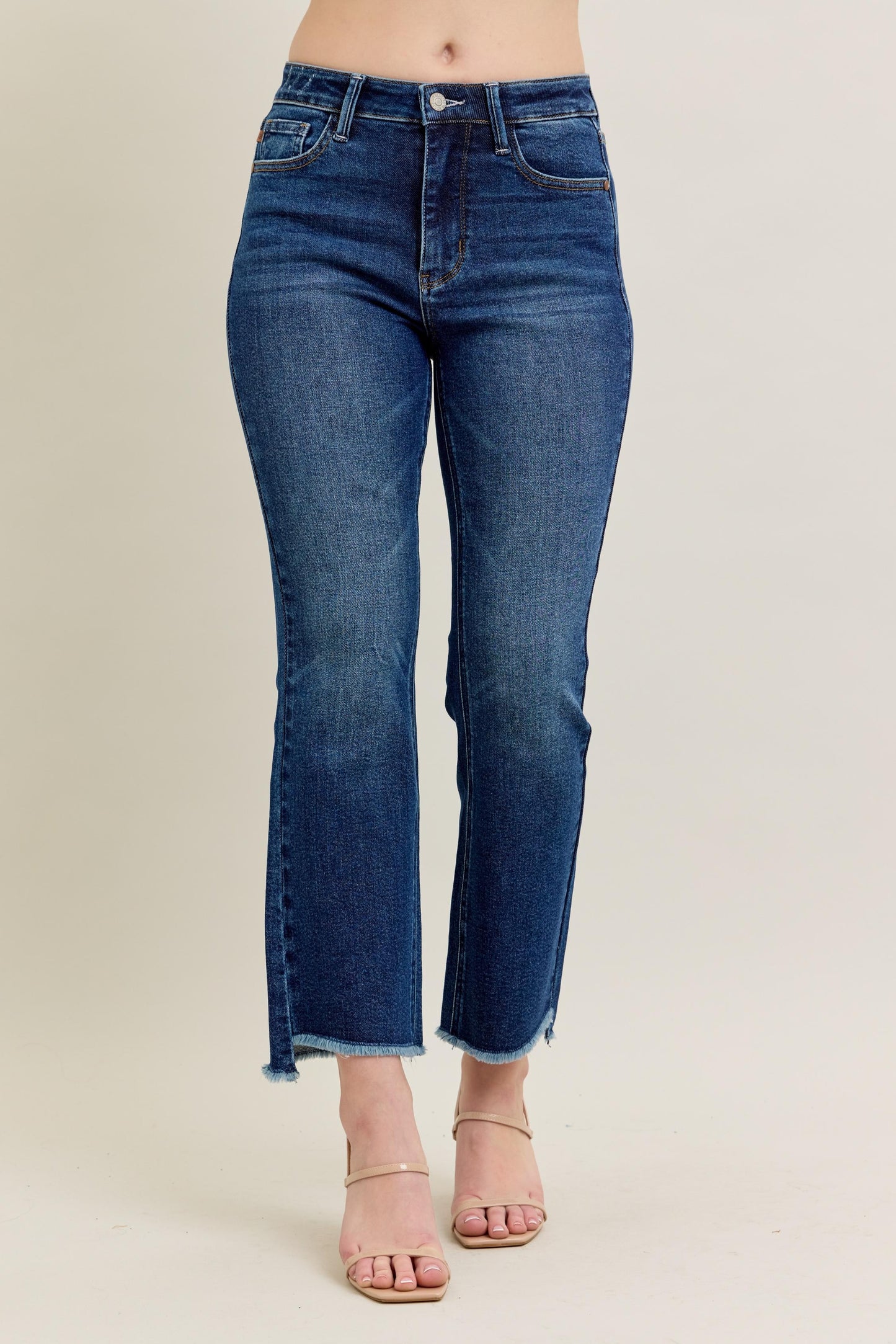 Judy Blue High Waist Dark Wash Kick Flare Jeans with tummy control, raw hem. Available in sizes 0-24W.