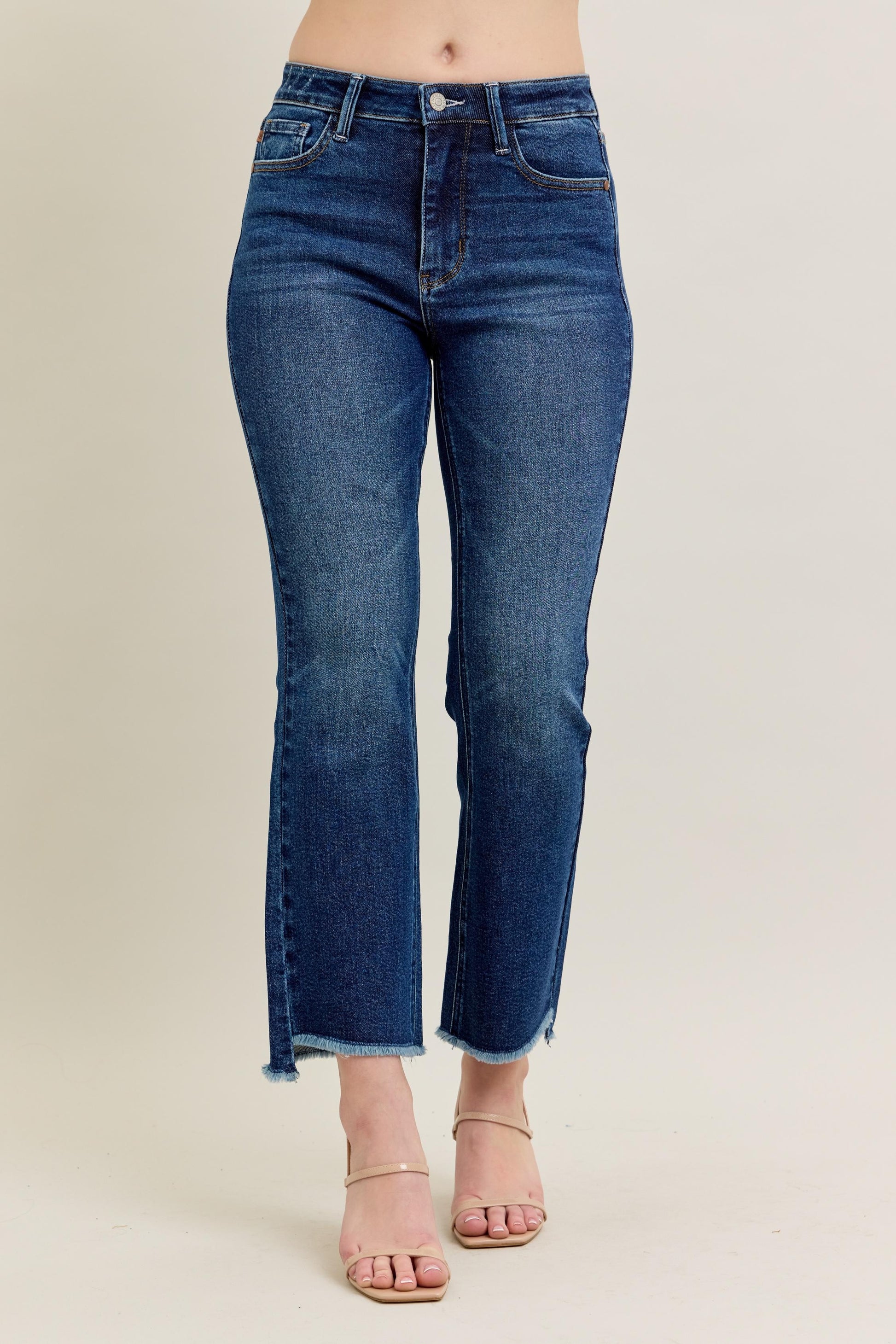 Judy Blue High Waist Dark Wash Kick Flare Jeans with tummy control, raw hem. Available in sizes 0-24W.