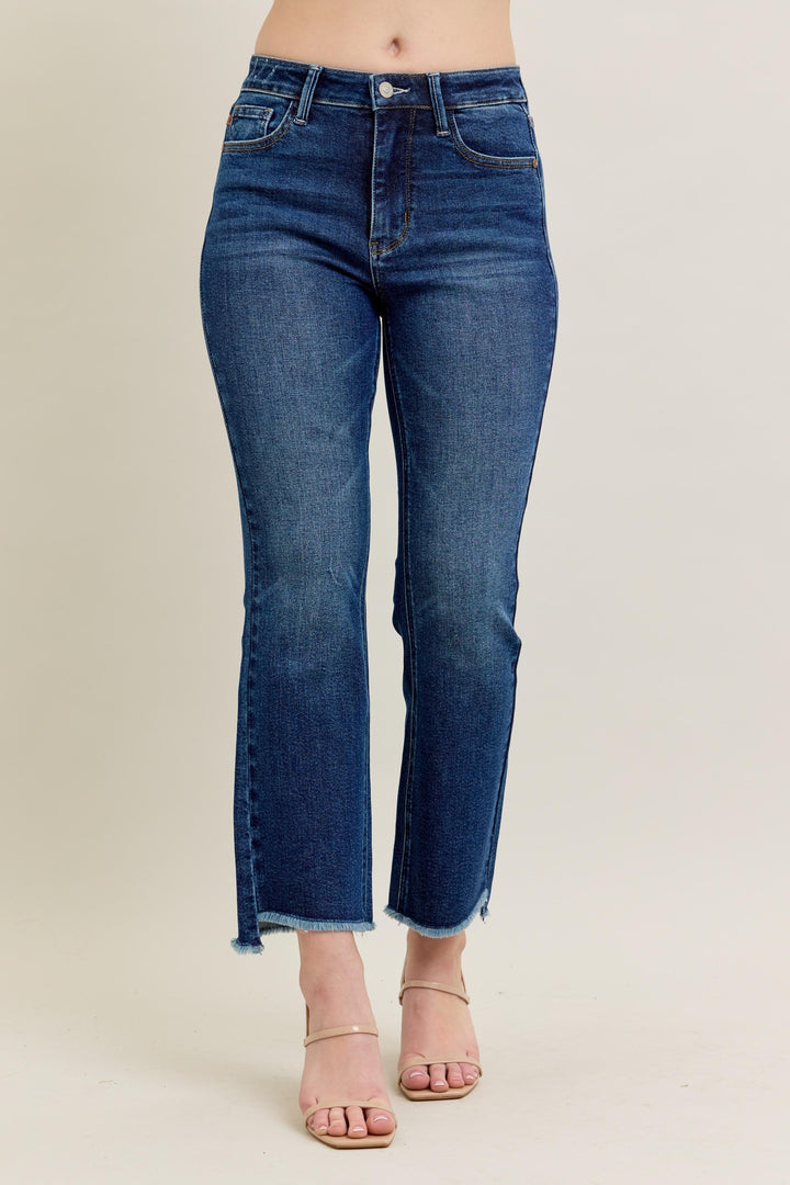 Judy Blue High Waist Dark Wash Kick Flare Jeans with tummy control, raw hem. Available in sizes 0-24W.