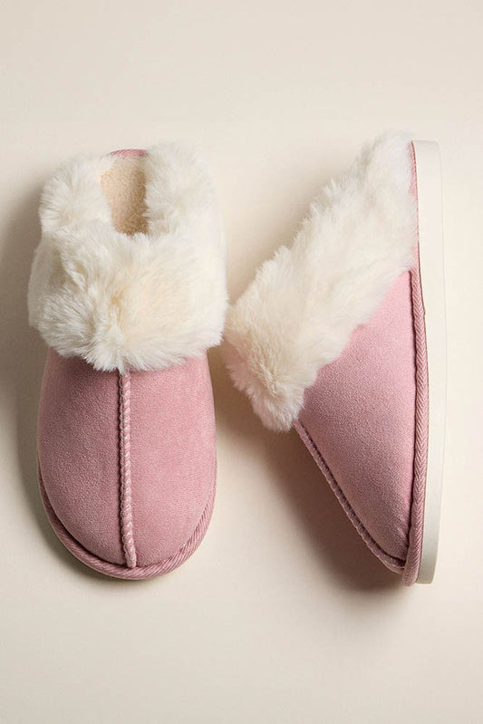 Pink Faux Fur Suede Fuzzy Sherpa Slippers