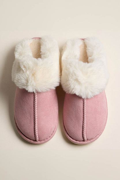 Pink Faux Fur Suede Fuzzy Sherpa Slippers